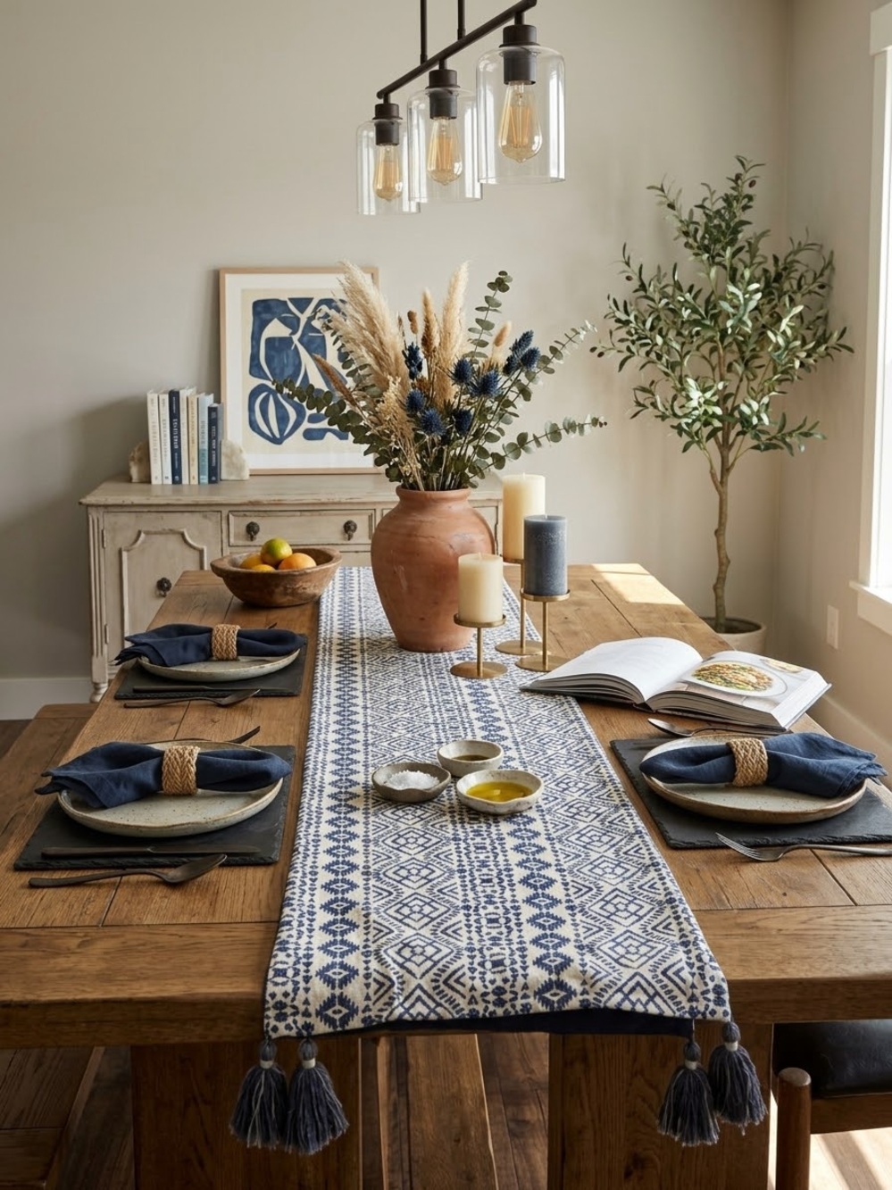 Opalhouse Boho Navy Blue and White Geometric Printed Table Runner with Tassels